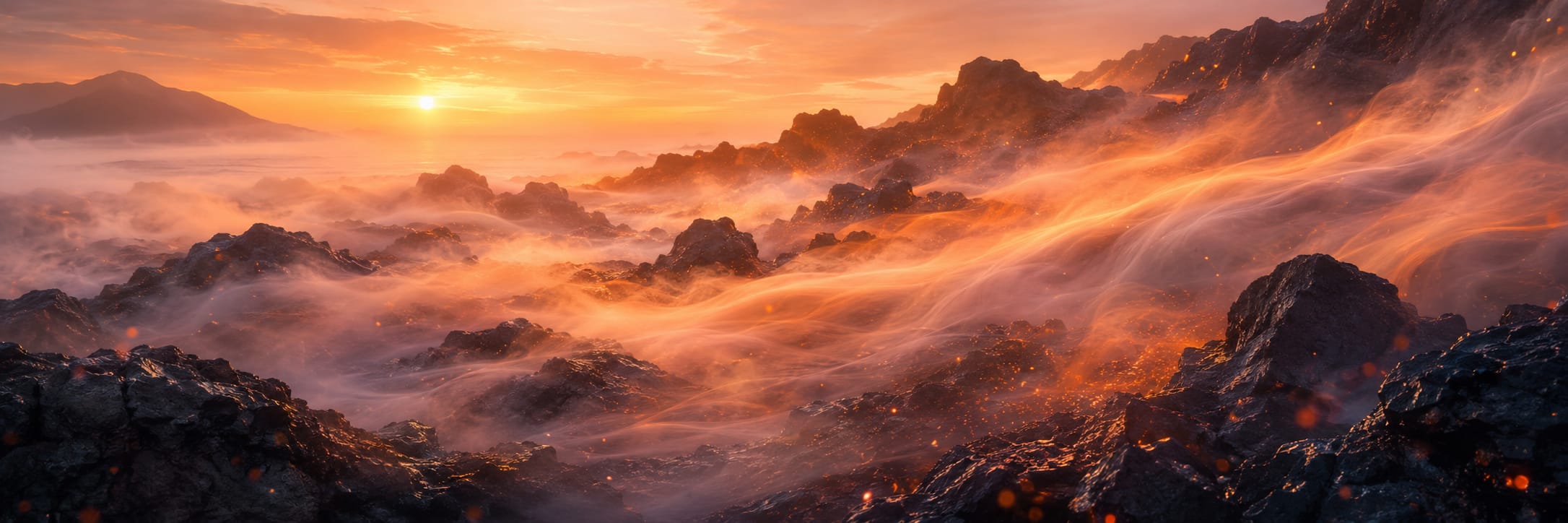 Orange glow from swirling lava and mist highlights rocky terrain and distant hills as darkness weaves through the sunset.