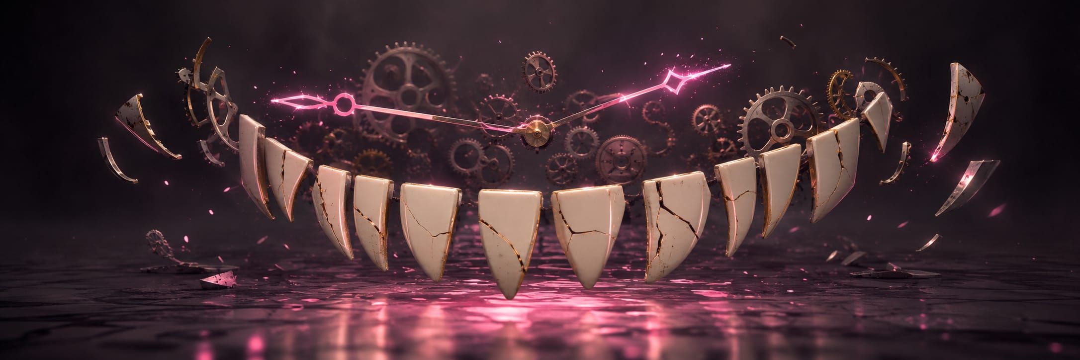 A clock face with gears grins, pink hands point to 10 and 2 as broken pieces scatter in a surreal burst of chaos.