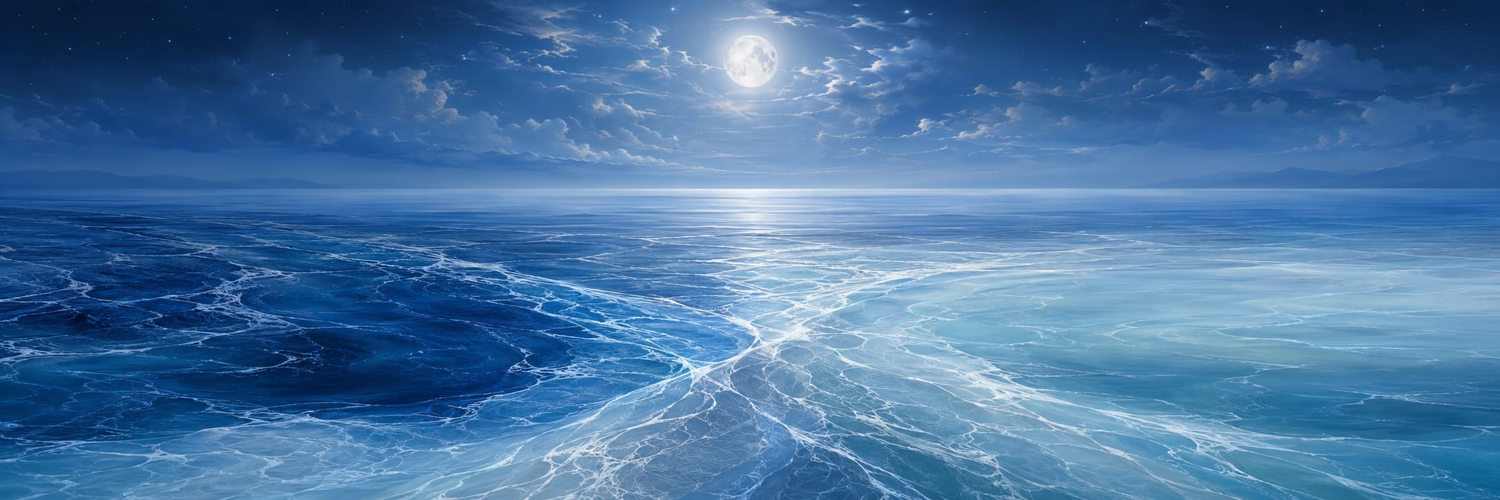 A bright full moon shines over a calm ocean with swirling blue and white patterns on the water’s surface.