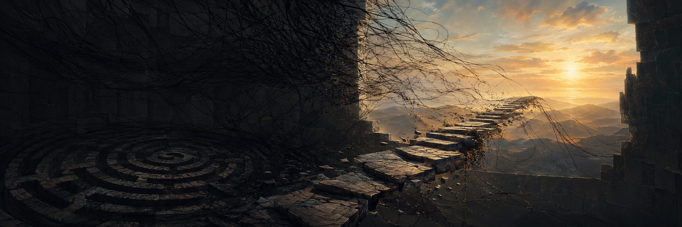A crumbling stone bridge extends from a shadowy maze toward a sunset, with twisted vines suggesting chaos nearby.
