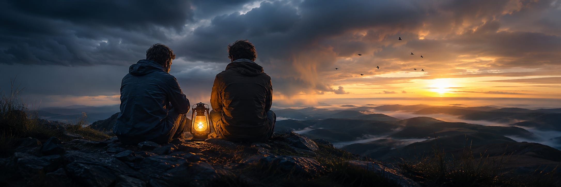 Two people sit on a rocky hill with a lantern, watching the sunset over chaos and darkness below.