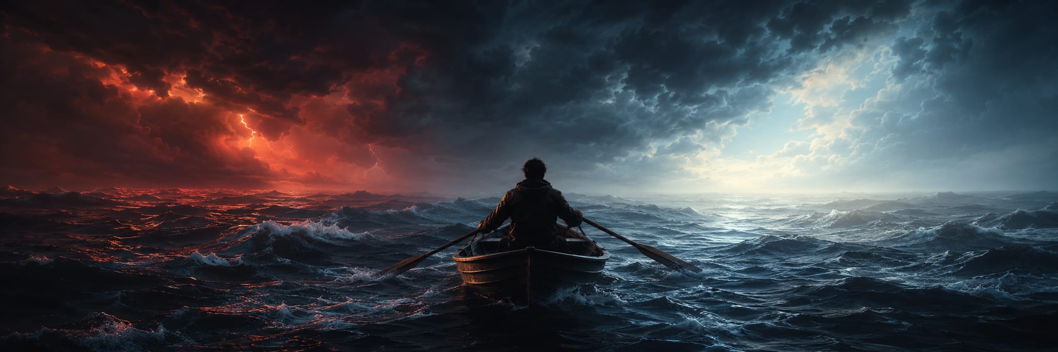 A person rows a boat on rough sea beneath storm clouds, while a bright sky appears sharply on the right.