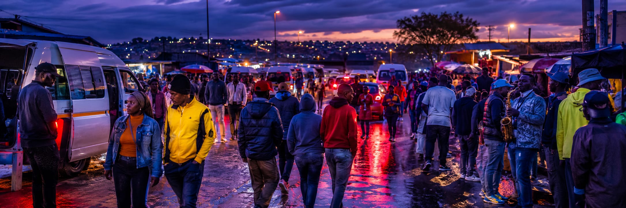 A lively crowd walks along a wet, busy street with vehicles, market stalls, and city lights in the background.