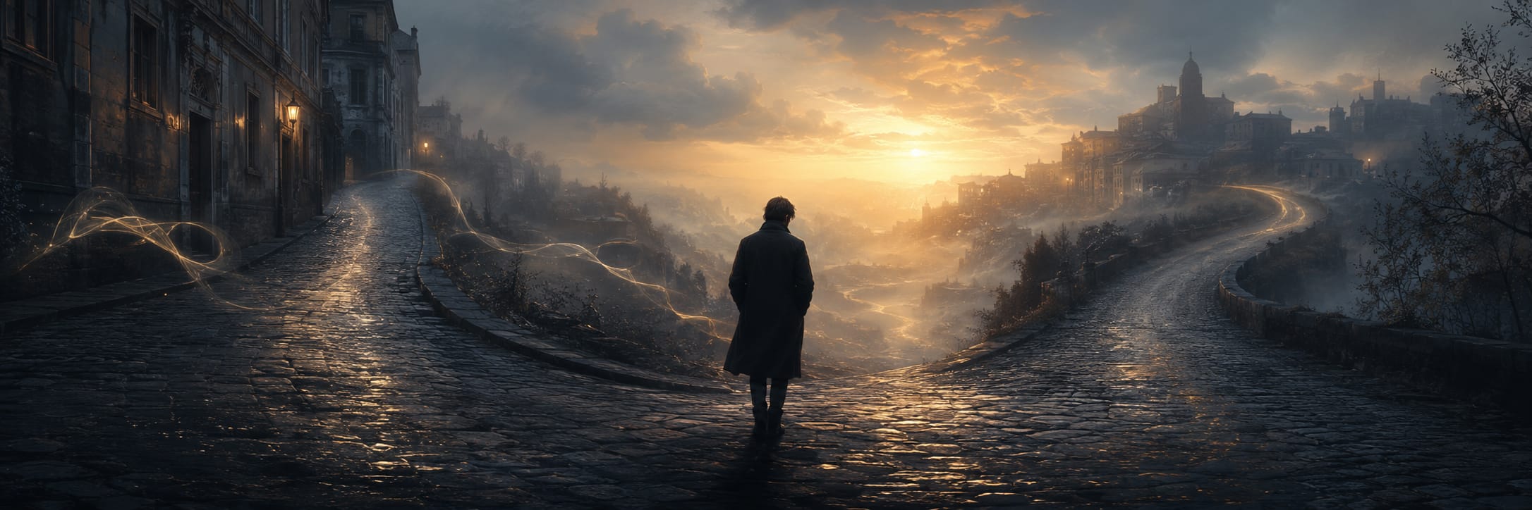 A person in a coat stands at a cobblestone fork at sunset, glowing trails winding through mist and chaos in the city.