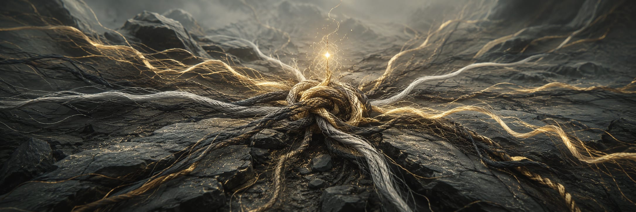 Thick, twisted roots with glowing veins stretch over rocky ground, meeting at a central point that evokes nature and reflection.