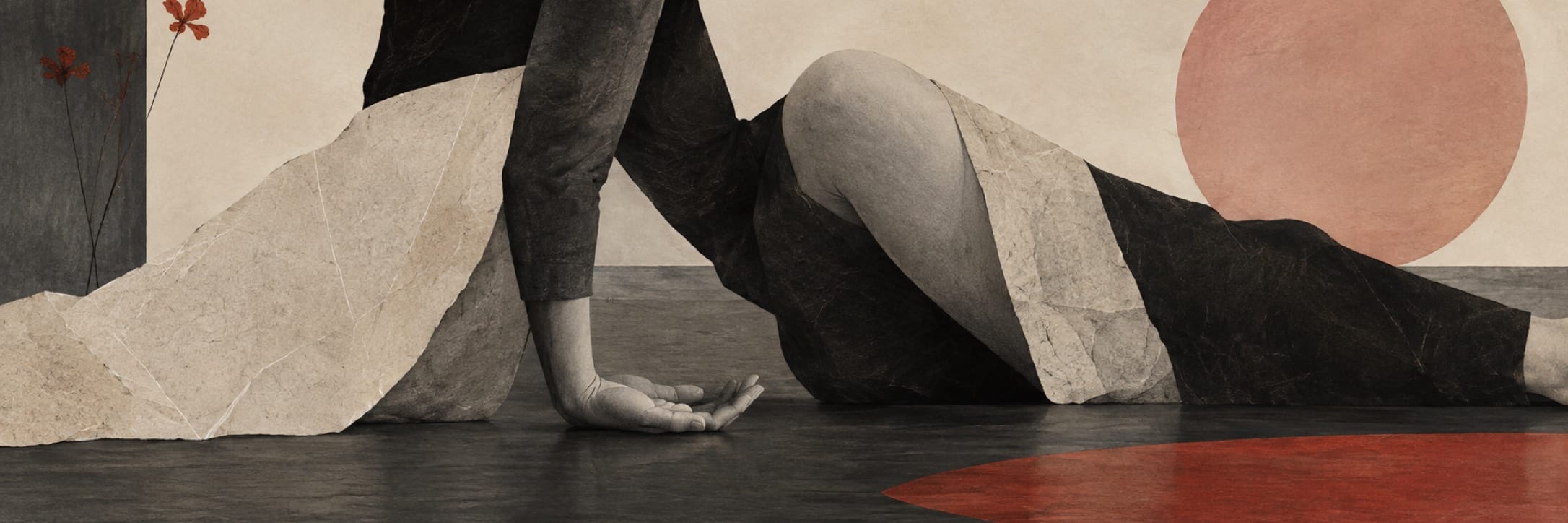 Person sitting on the floor with legs extended, one knee lifted by a red circle beside a fantastical vase of red flowers.