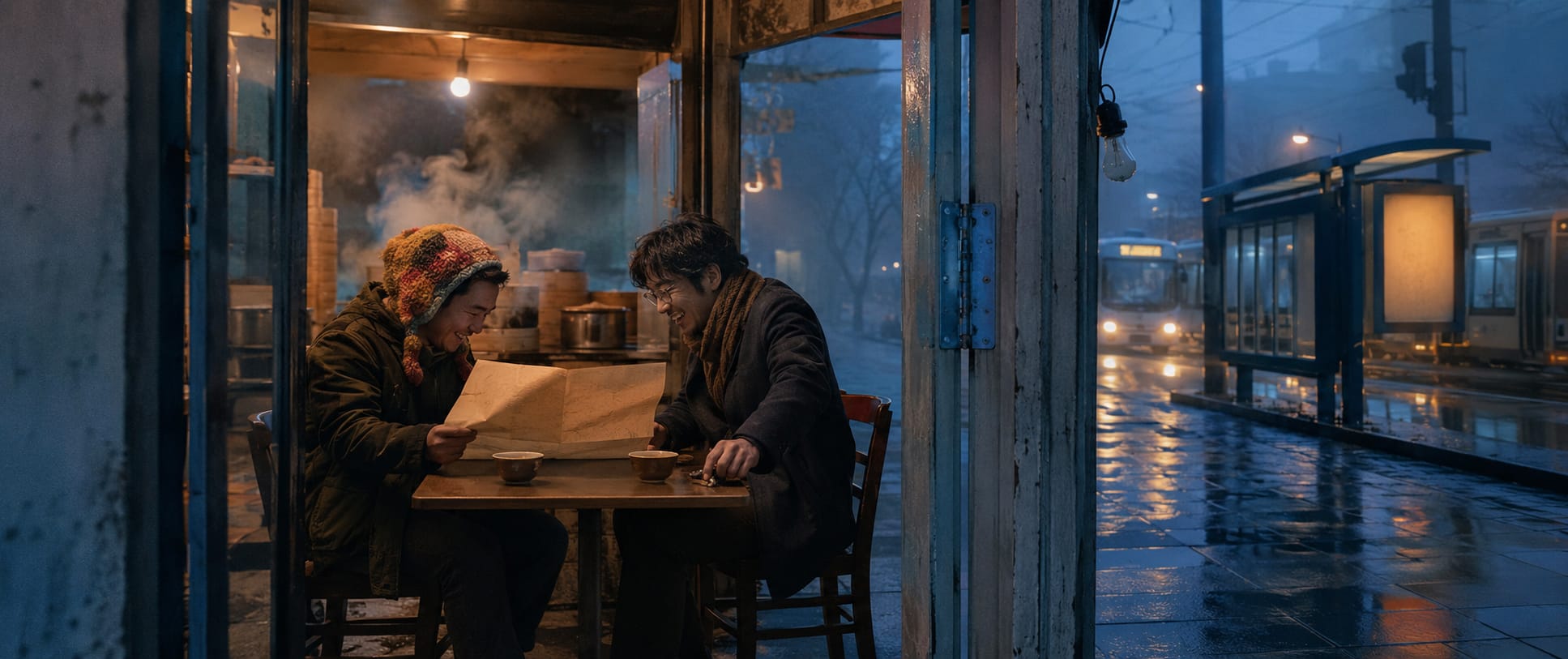 Two people sit at a small cafe table as rain falls outside and a tram stop glows softly nearby.