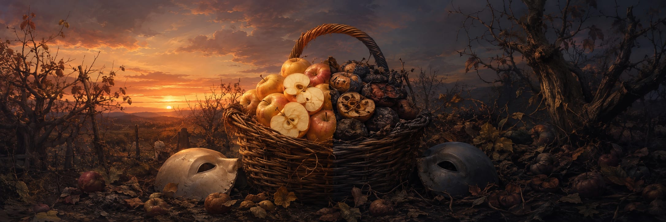 Basket of fresh and decayed apples with fallen leaves and two masks symbolizing satire and subversion.