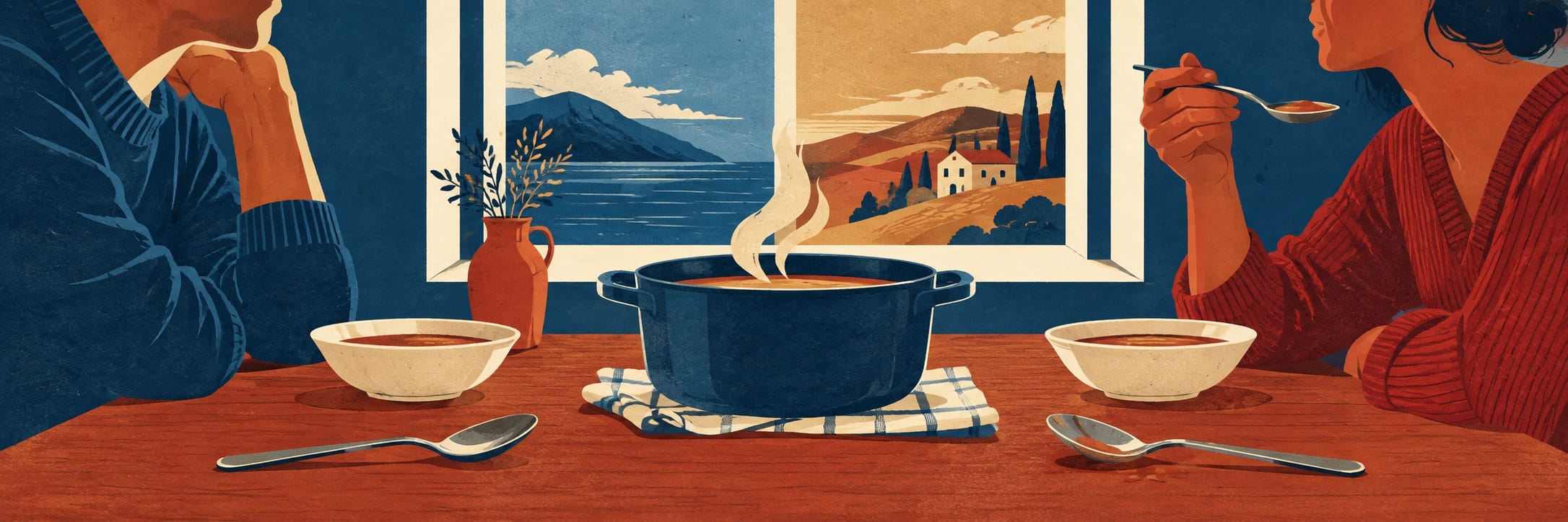 Two people sit at a table with bowls and spoons around a steaming pot; a coastal hillside village is framed by the window.