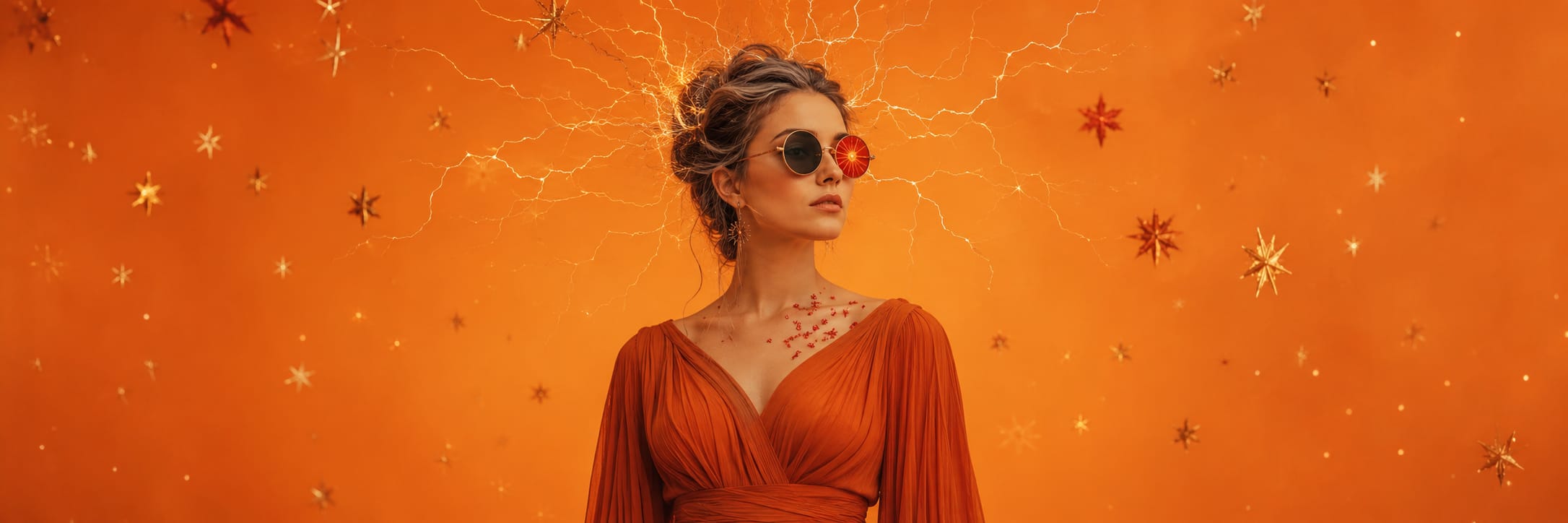 A woman in an orange dress stands with lightning and fantastical stars crackling around her head against a surreal orange backdrop.