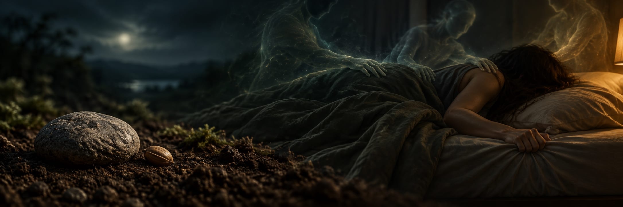 A person lies in bed as a ghostly spirit hovers above; nearby, a rock and seed rest on soil beneath the moon.