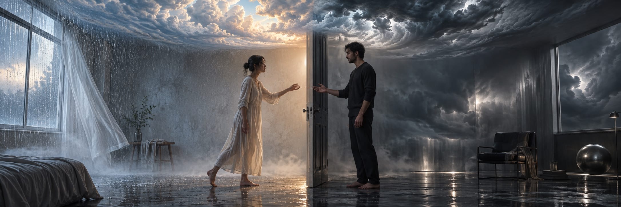 A woman and man reach across an open door, with a stormy scene behind them and sunshine ahead, symbolizing transition between worlds.