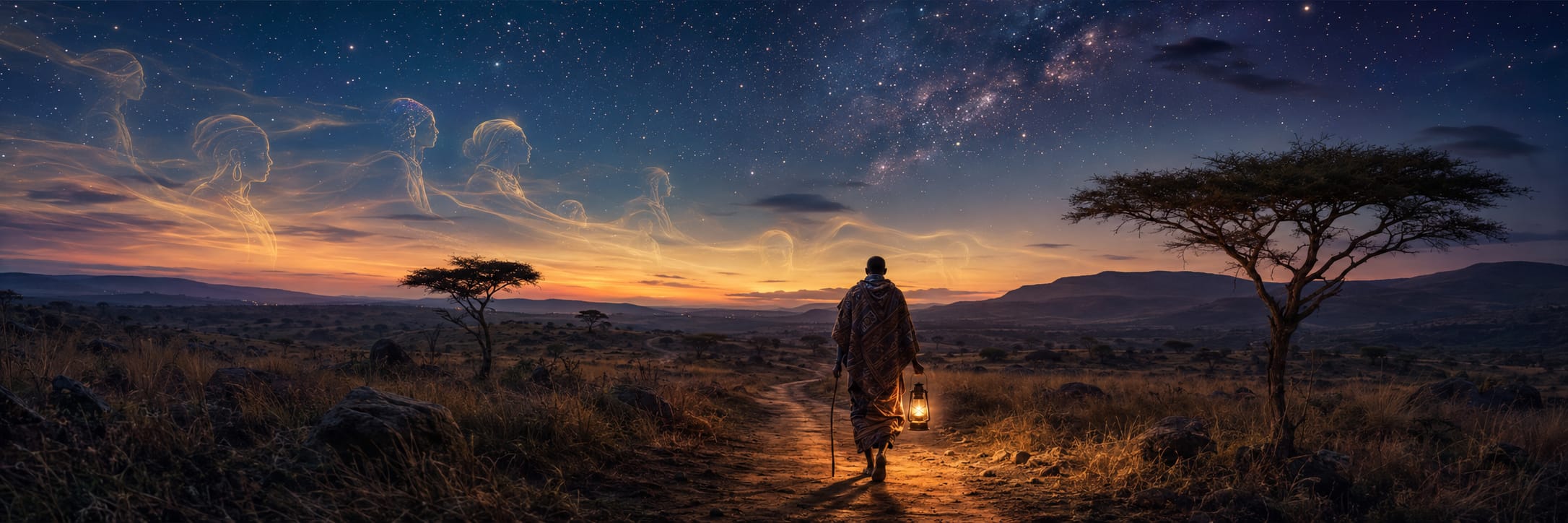 A person with a lantern walks on a dirt path at dusk as wispy figures and stars appear in the sky.