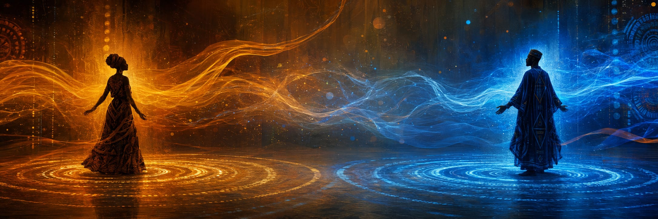 Two people face each other as vibrant orange and blue energy swirls around them in a mystical, symmetrical scene.