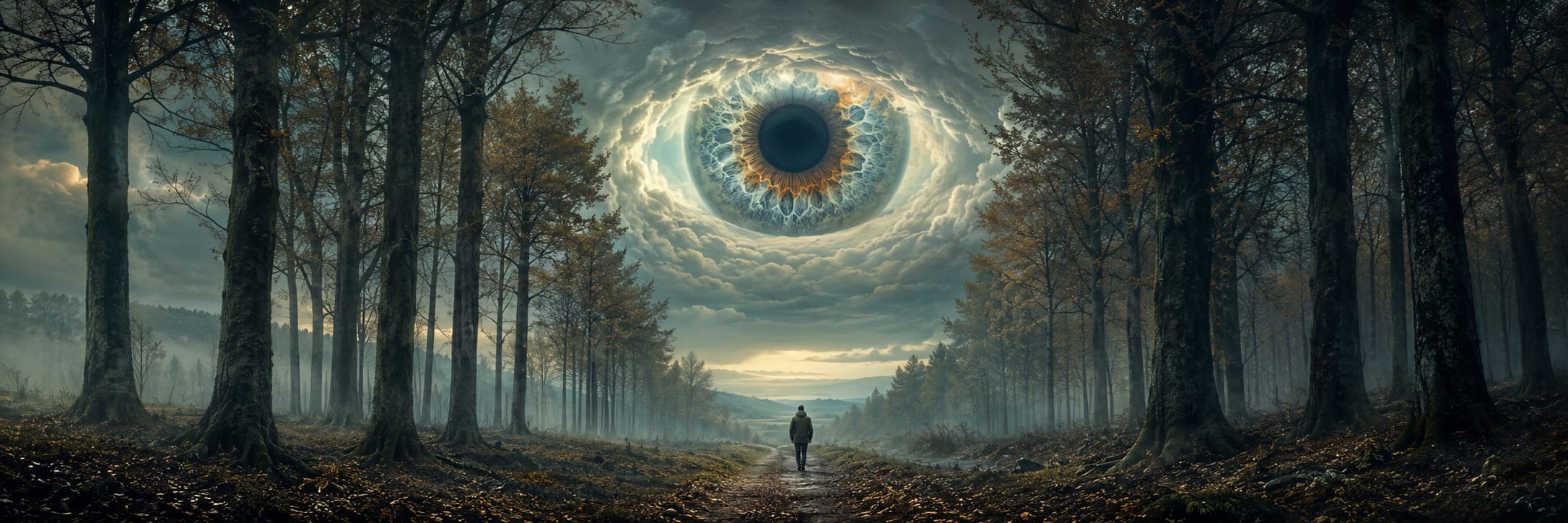 A person walks along a forest path beneath surreal, eye-shaped clouds in a fantastical sky.