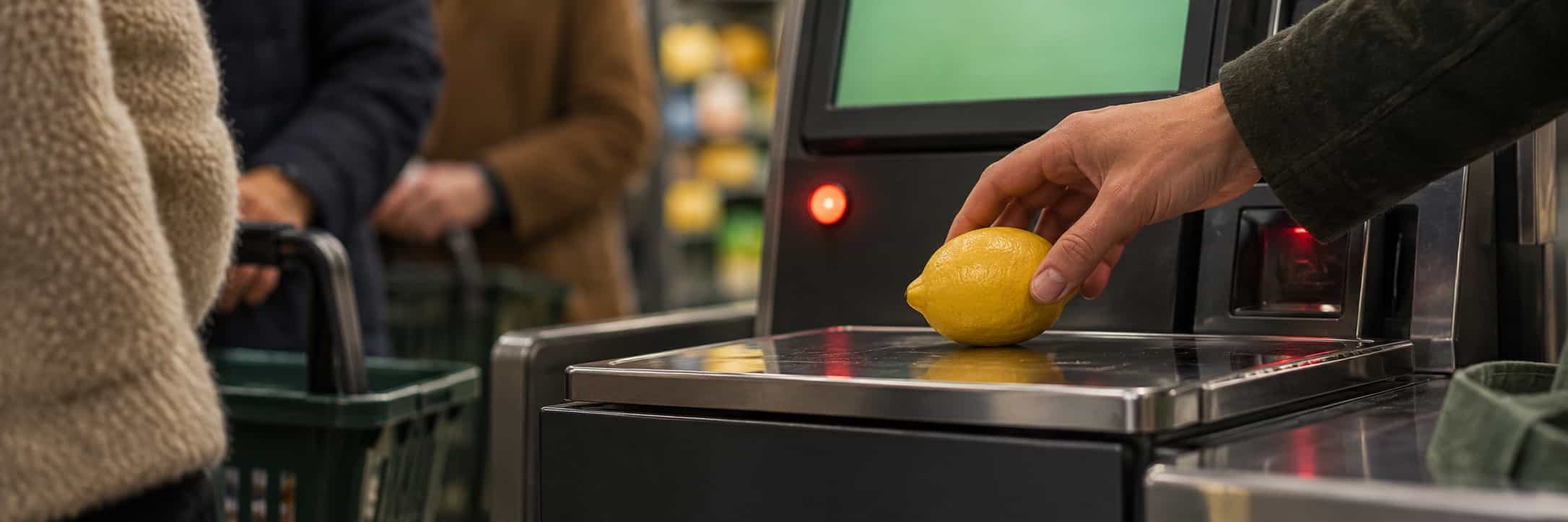 A hand places a lemon on a self-checkout scale.