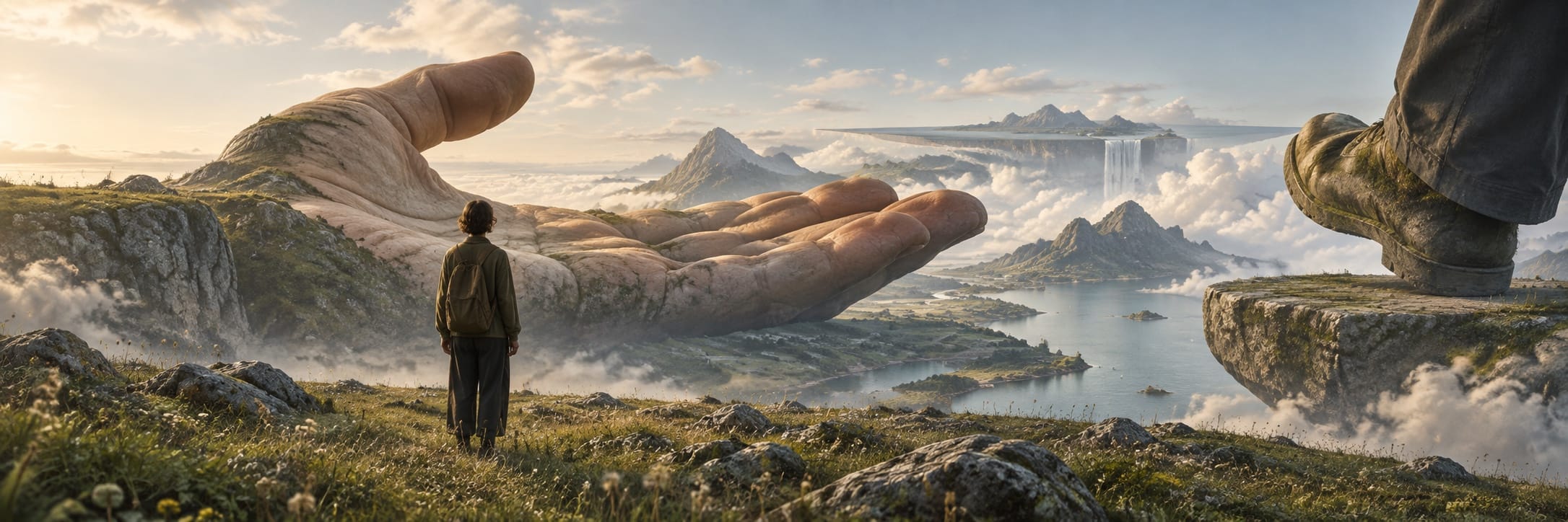 A person stands on grass in a surreal landscape featuring a giant hand, foot, mountains, water, clouds, and floating islands.