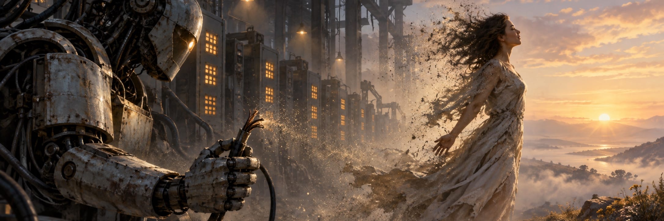 A rusted robot grips cables as a tattered woman faces sunrise, chaos fading behind a futuristic city.