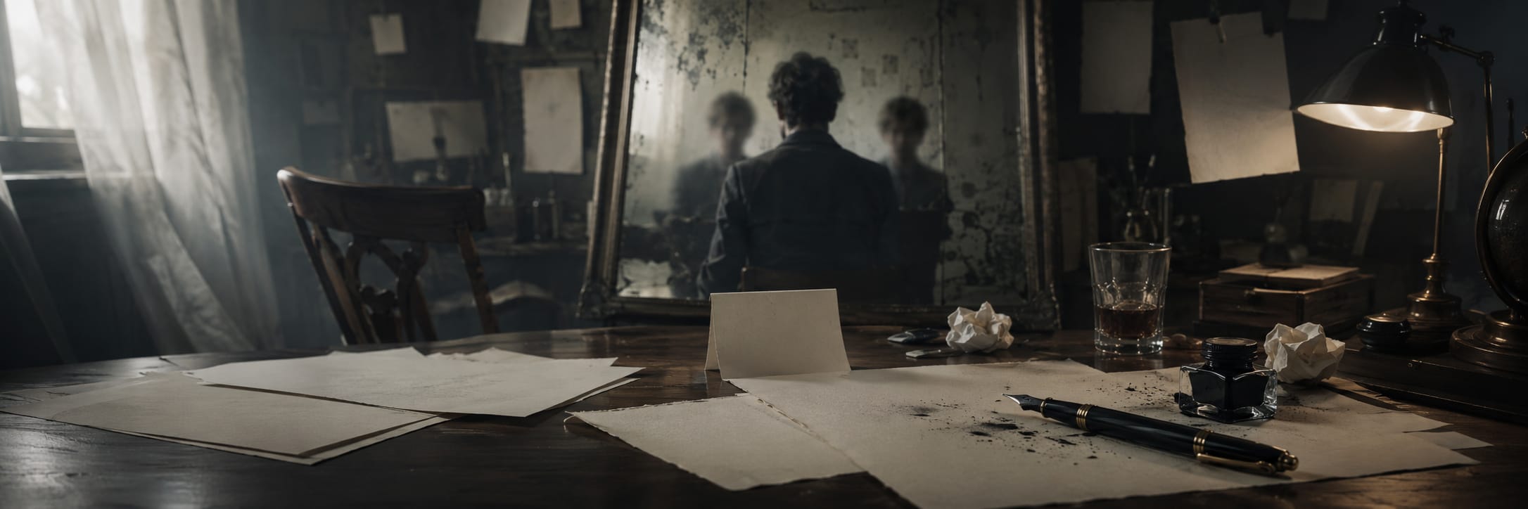 A cluttered desk with papers scattered, a mirror reflecting nature, and a seated figure in a contemplative pose.