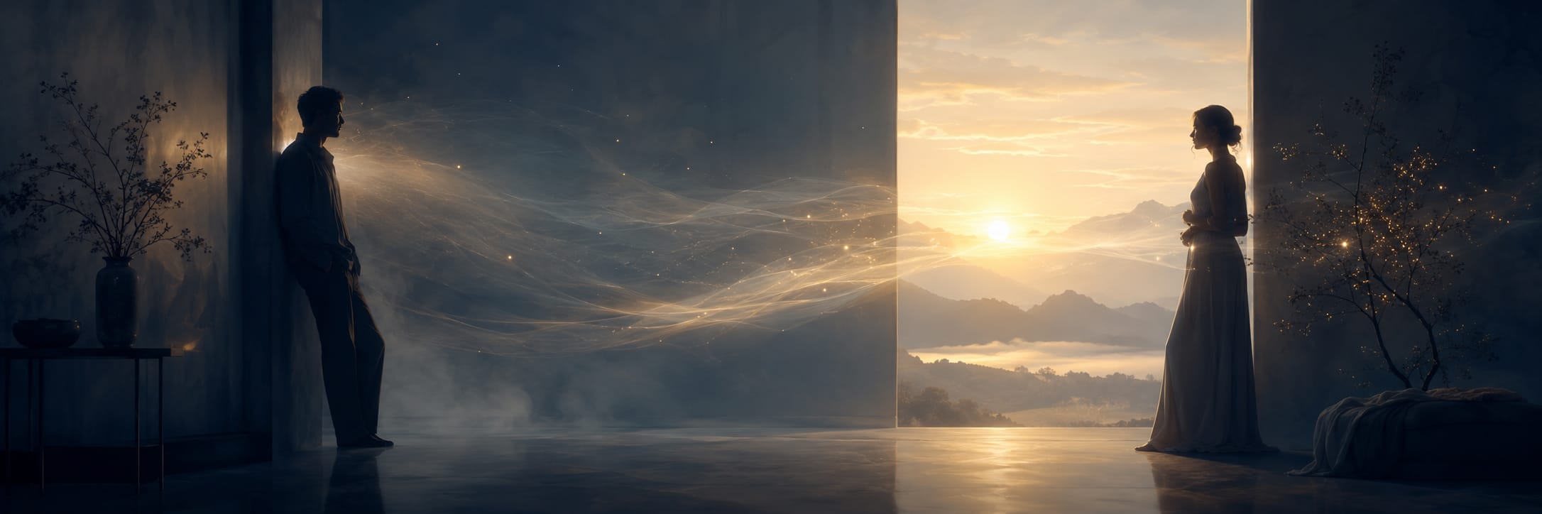 A man and woman face each other in a doorway, golden light between them and misty mountains in the background.