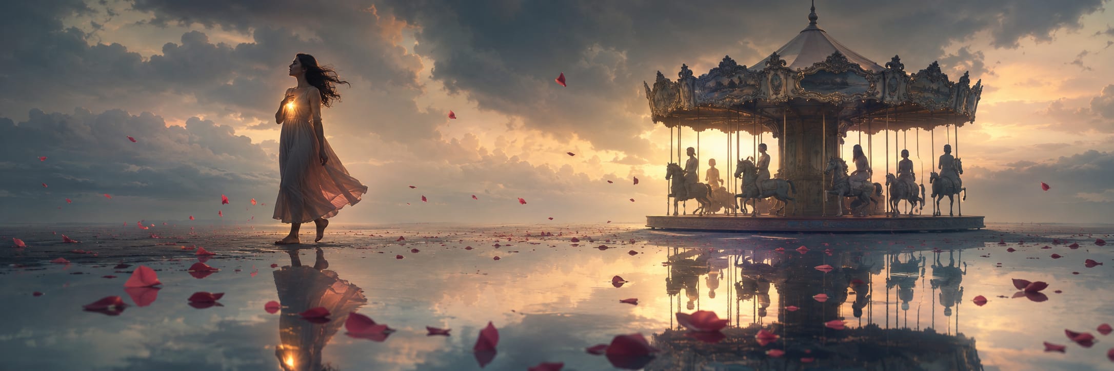 A woman with a lantern stands by a carousel with scattered rose petals at sunset, representing Strength and Spirit.