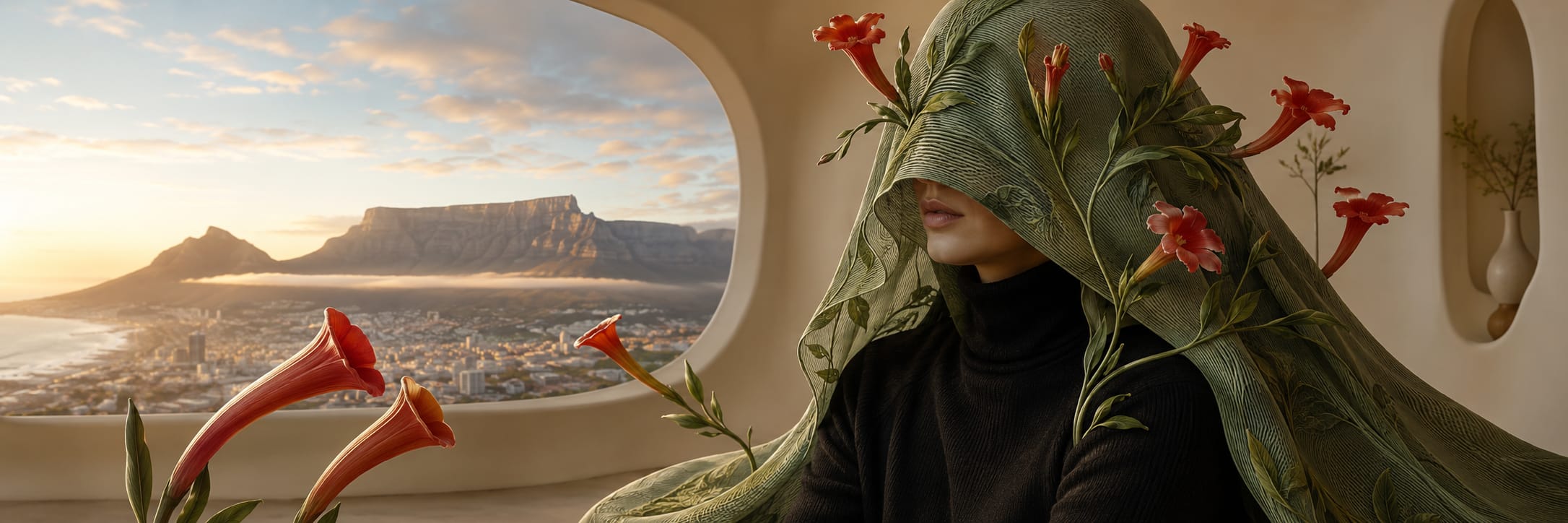 A person in a green veil with flowers sits indoors, looking out a window at imaginative mountains and a city sunset.