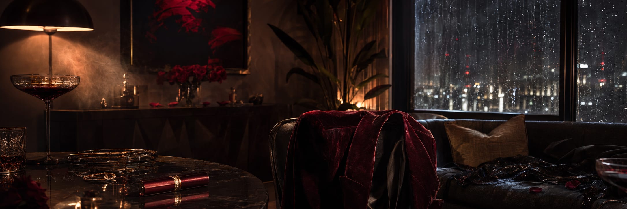 A marble table with red lipstick and wine glasses in a room, surreal rain falling outside the window at night.