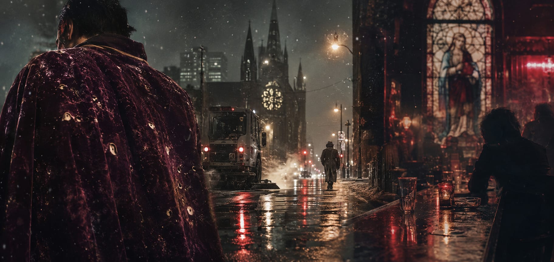 A person in a purple cloak stands on a rainy city street at night near a church with stained glass windows.