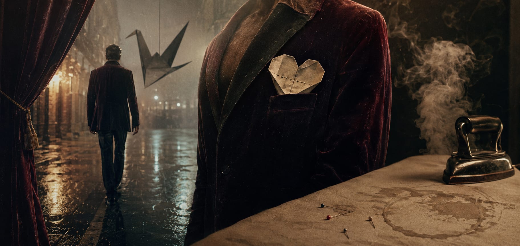 Headless mannequin in a velvet jacket with a paper heart, iron, and pins stands as rain steams on the street outside.