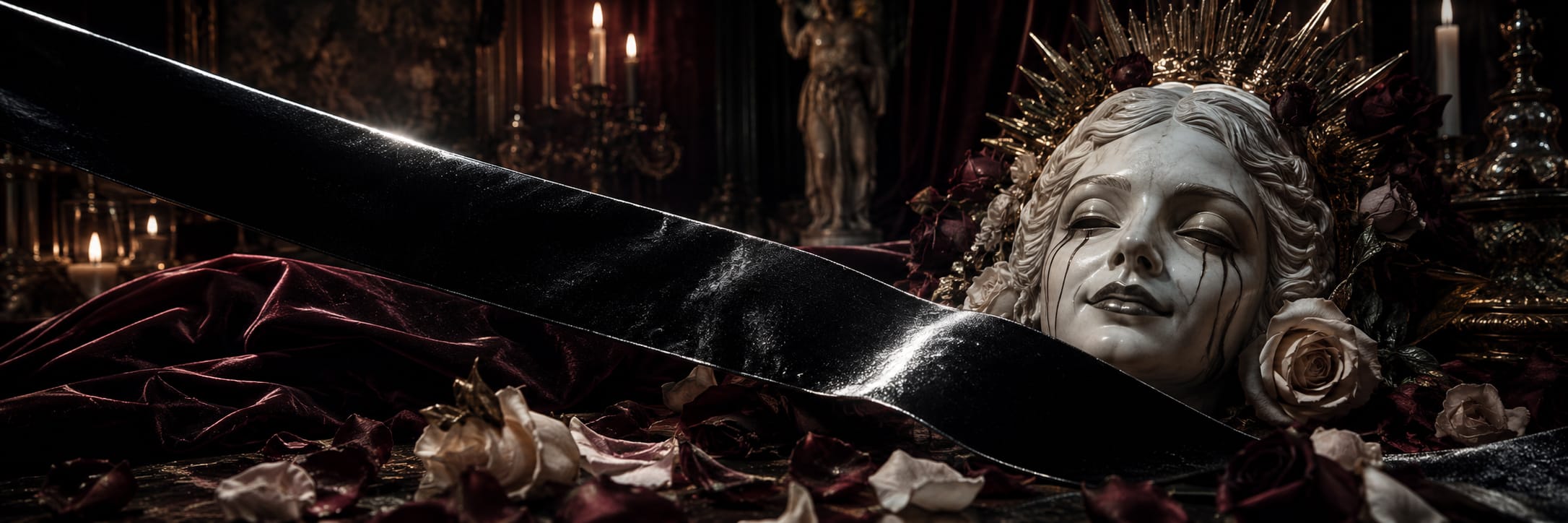 A crowned statue head rests among rose petals and a blade, with candles flickering nearby.