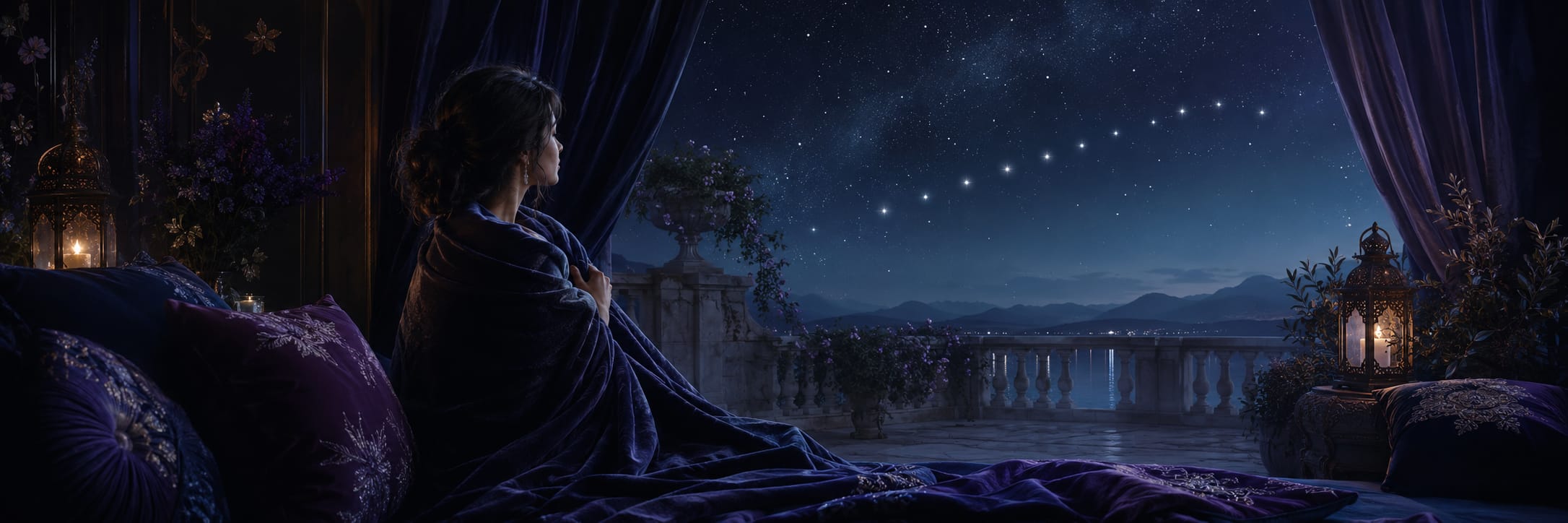 A woman wrapped in a blanket sits on a balcony at night, gazing at stars above distant mountains.
