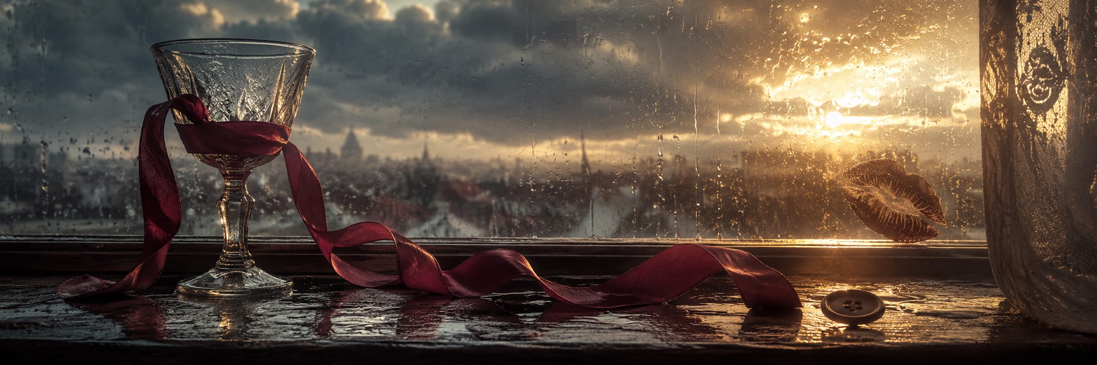 A wine glass with a red ribbon, button, and lipstick mark sits on a rainy window ledge at sunset.
