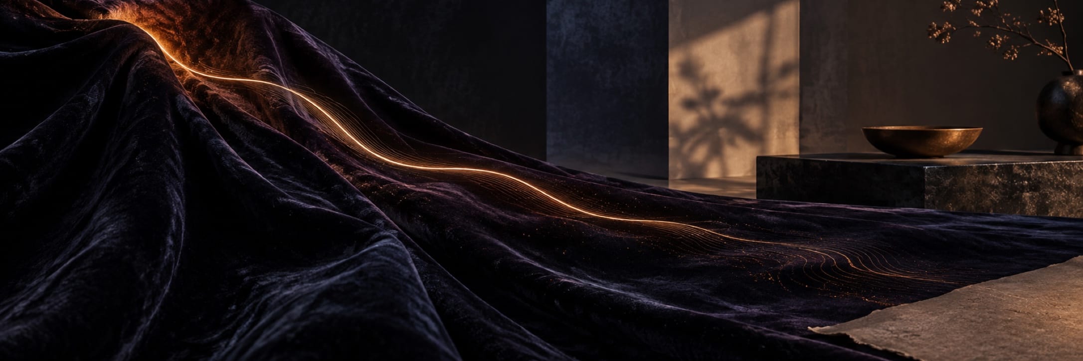 Dark velvet fabric with a glowing golden line enhances room elegance, balanced by minimalist decor.
