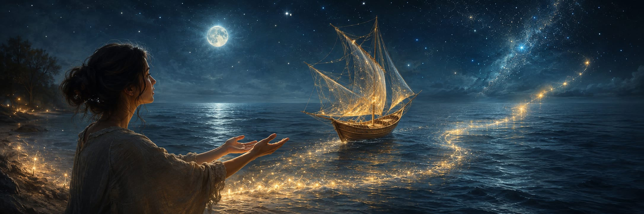 A woman by the sea at night reaches toward a glowing sailboat with a sparkling trail on the water.