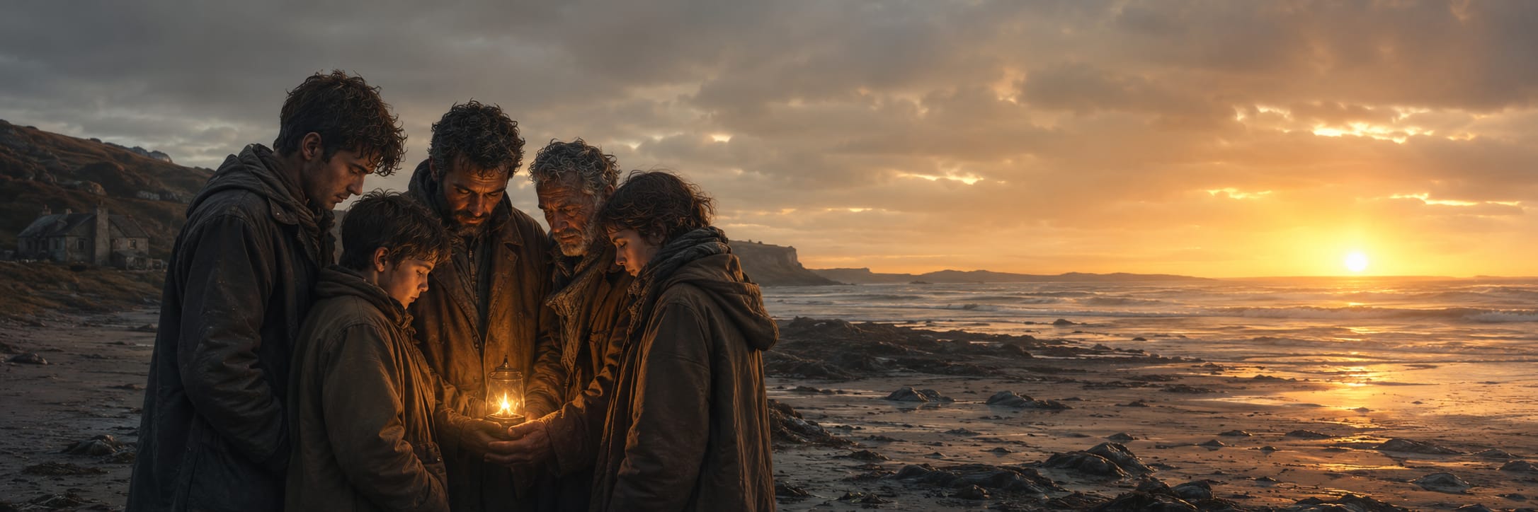 Five cloaked people stand on a rocky beach at sunset, gathered in reflection around a glowing light held in their hands.