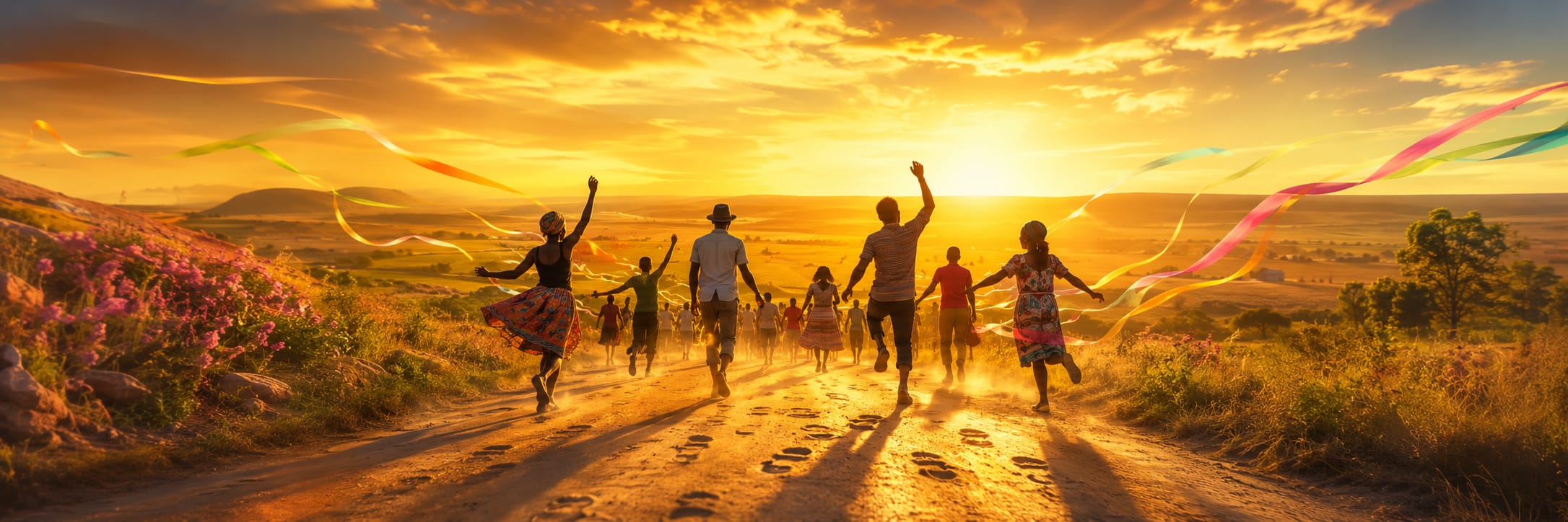 A group runs down a dirt road at sunset, waving ribbons, with wildflowers blooming along both sides.