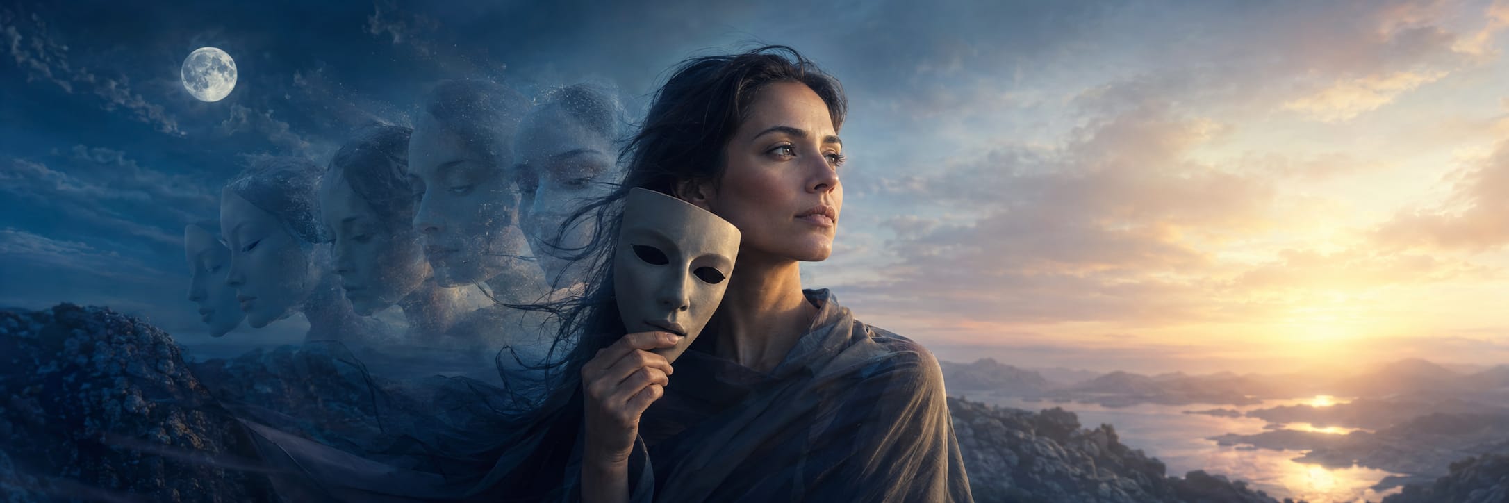 Woman holding a mask at sunset, with faded faces trailing behind her in a rocky natural landscape.