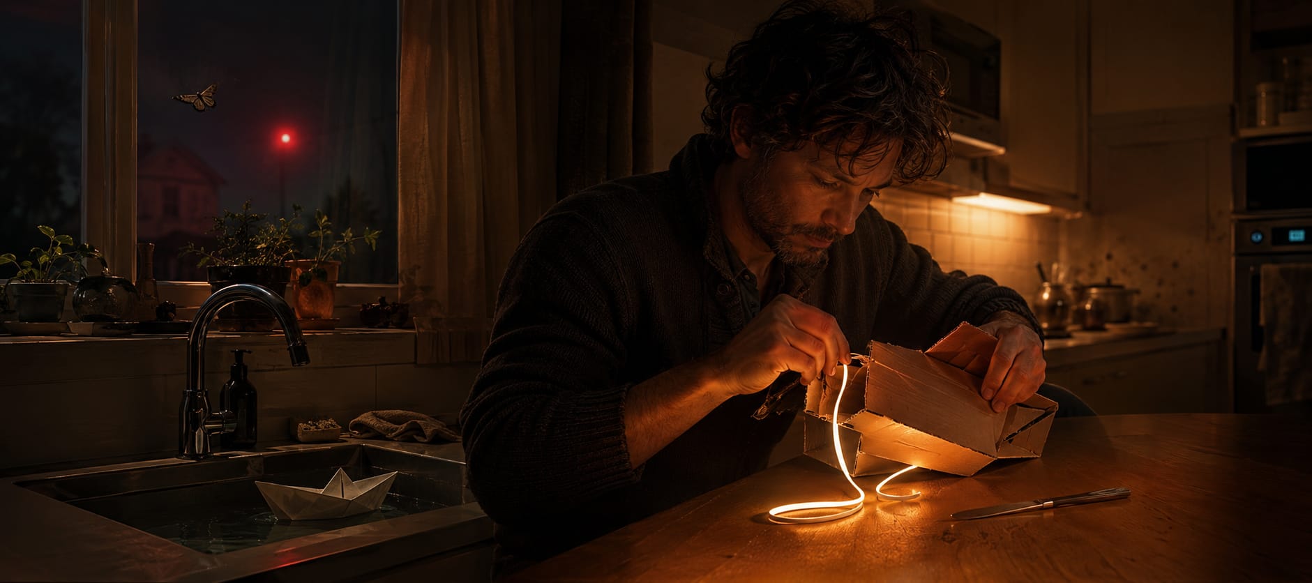 A man works on a box with glowing wires at a kitchen table, as a red light shines outside.