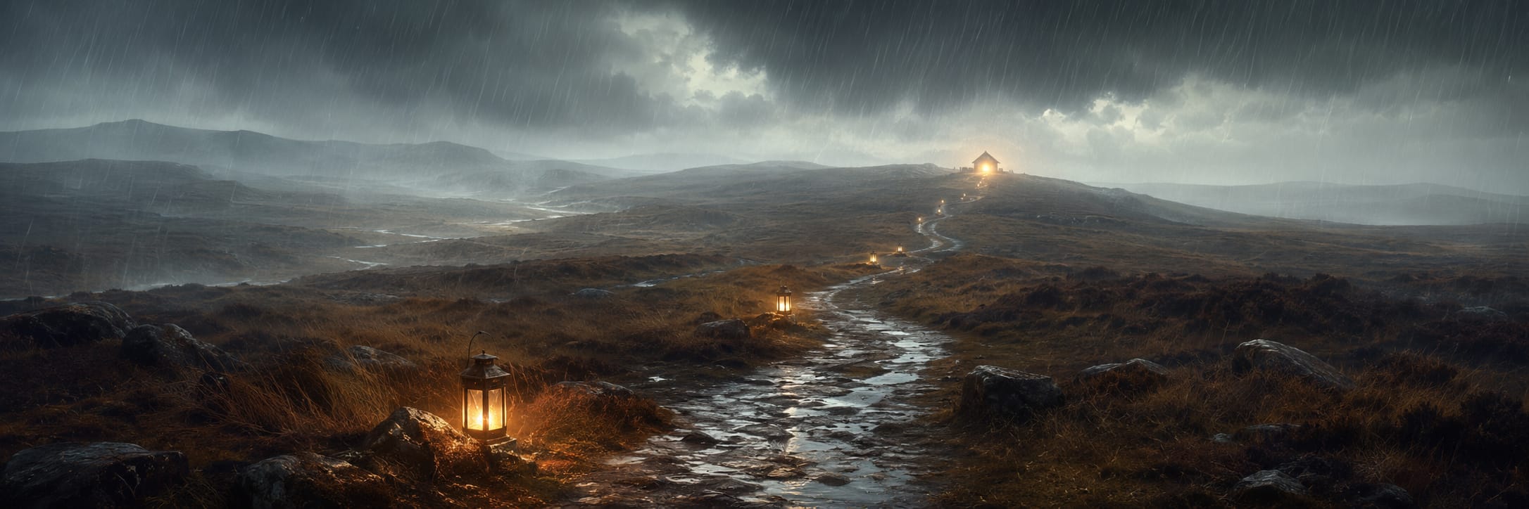 A rocky lantern-lit path winds under a cloudy sky toward a distant house nestled in rainy hills.