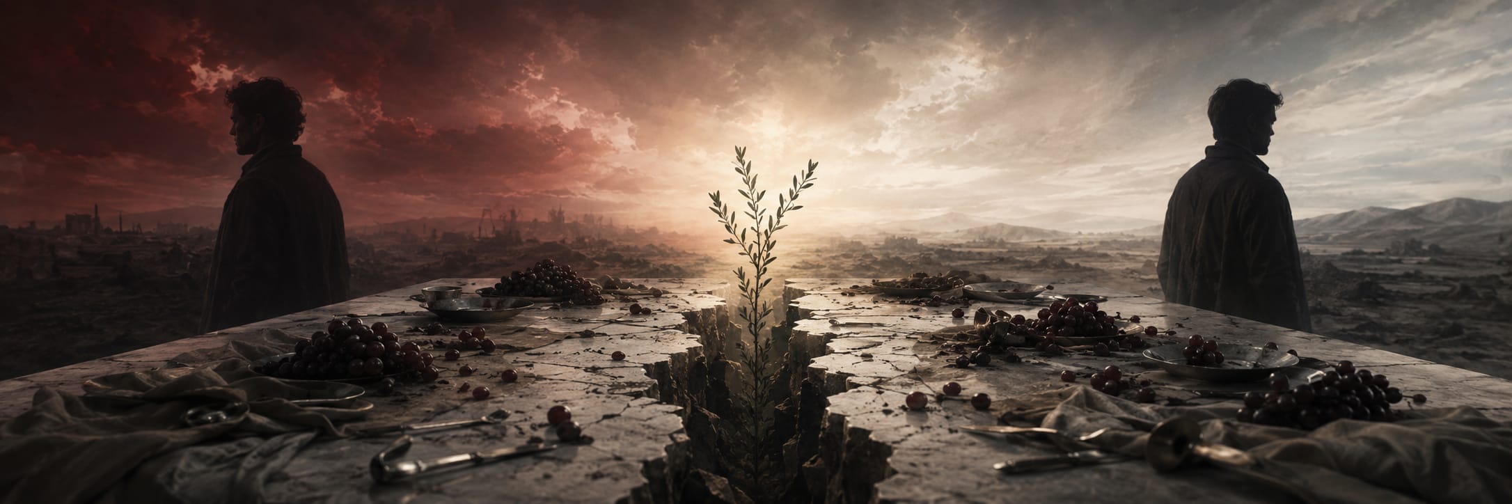 A leafy branch grows from a cracked table set with dishes, merging nature and still life under a dramatic red and gray sky.