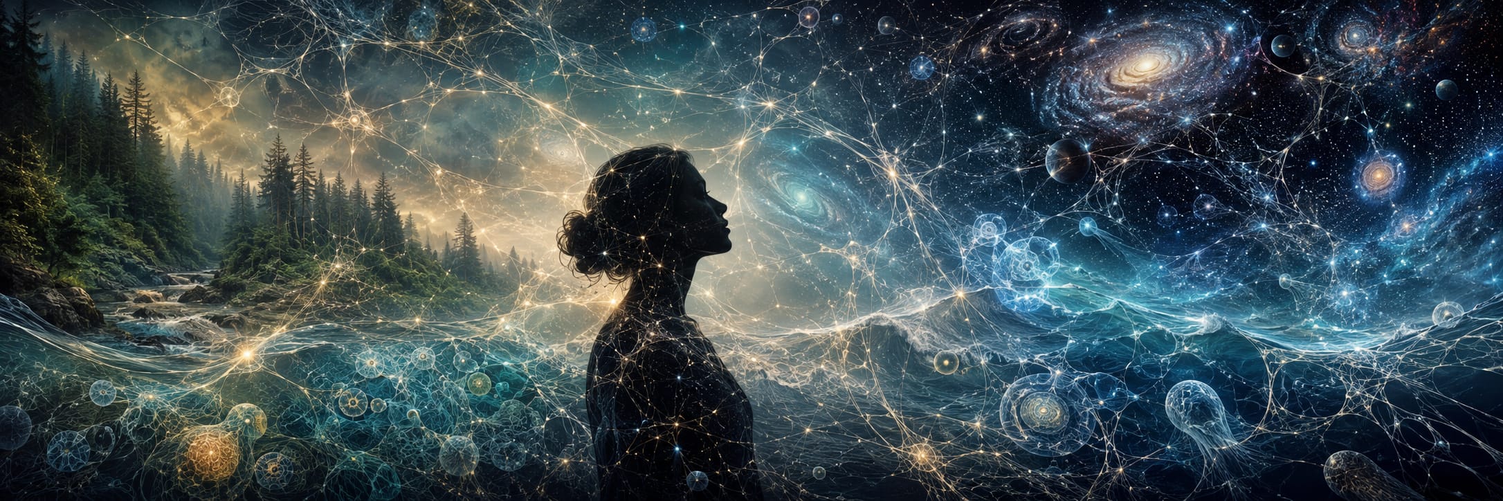 A silhouetted figure stands among glowing cosmic webs in a chaotic, subversive forest.