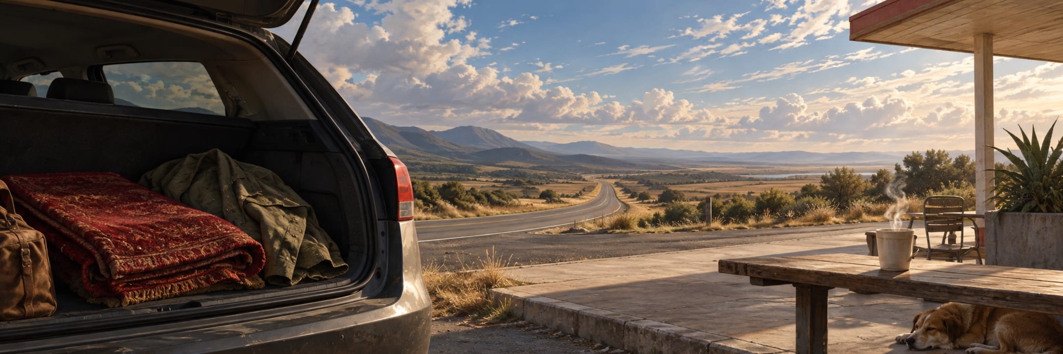 A car trunk with blankets open near a rural cafe, a dog by a steaming mug, mountains and open road stretching into the distance.