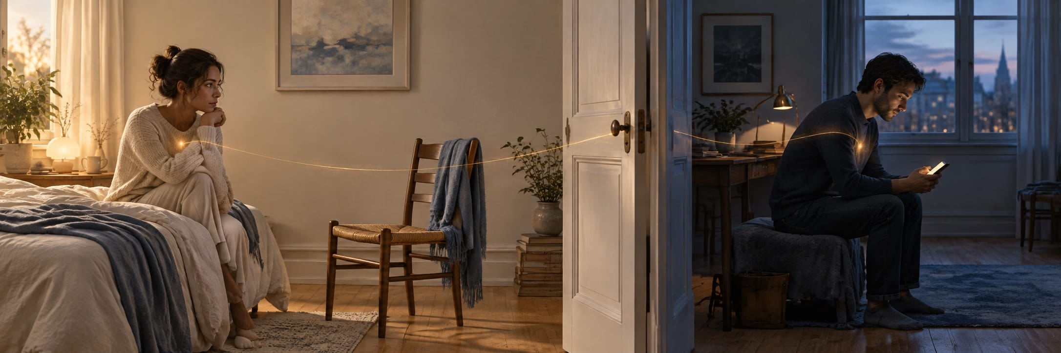 A woman sits on a bed, linked by a glowing thread to a man in the room beyond the door.