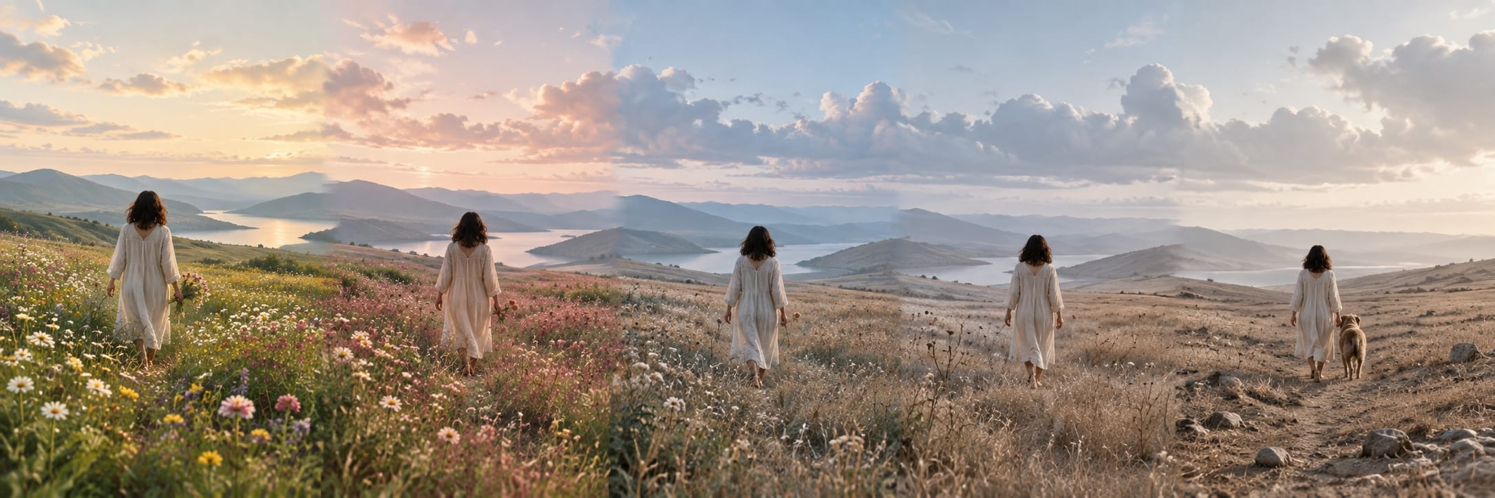 A woman in a white dress walks in nature, reflecting by a lake and mountains with her dog at sunset.