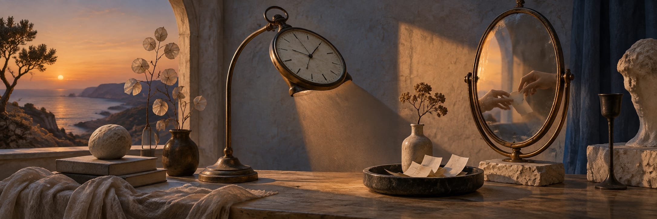 Surreal desk with books, lamp, clock, mirror with floating hands, bust, and a fantastical ocean sunset through an arched window.