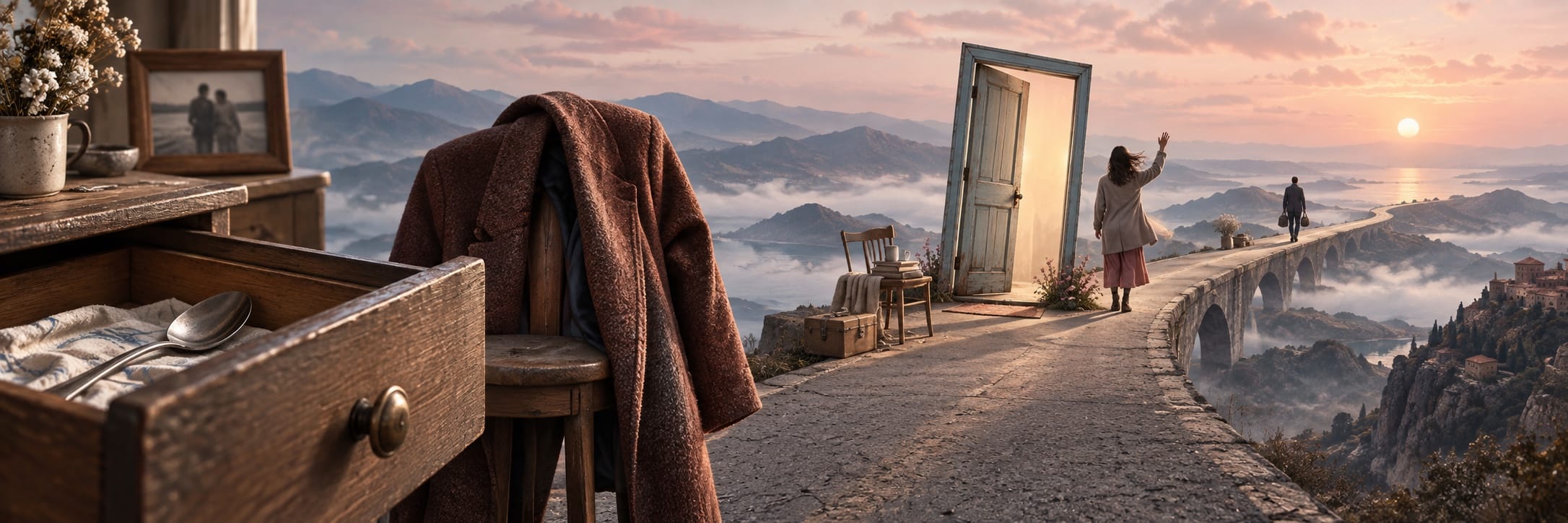Two people on a winding road with furniture, an open door, and a coat in misty mountains at sunrise, evoking reflection and nature.