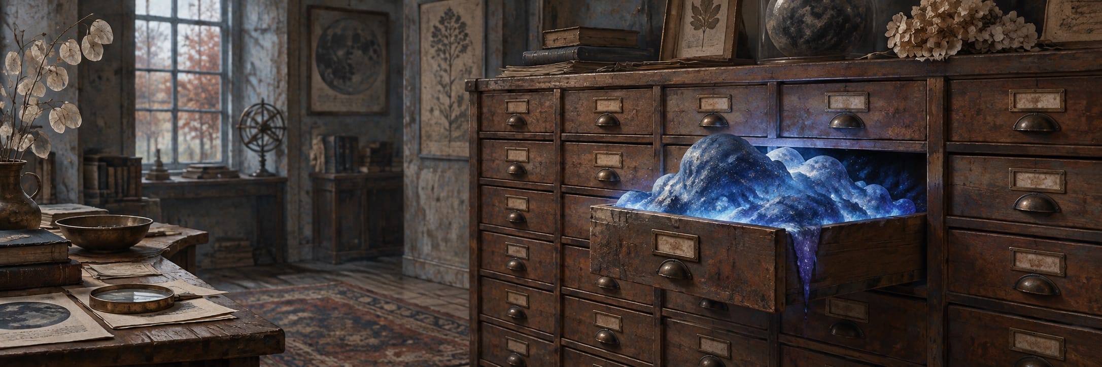 An open archive drawer holds a luminous blue form among wooden filing cabinets.