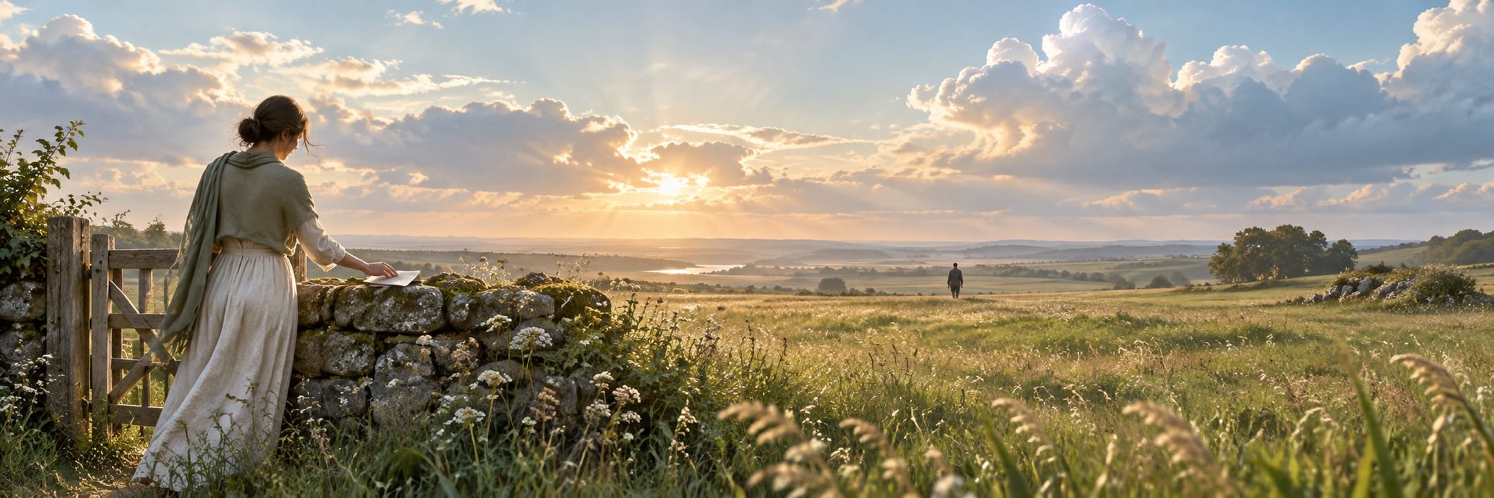 A woman stands by a stone wall at sunset, gazing over a field in quiet reflection amidst nature.
