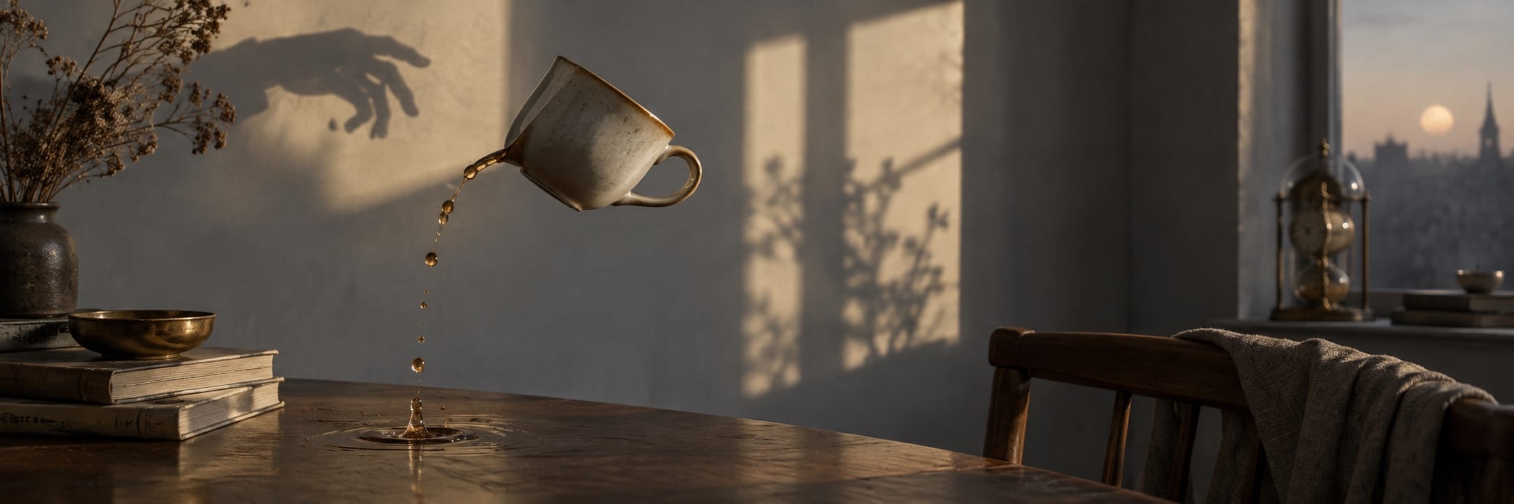 A surreal ceramic cup floats above a wooden table, pouring tea as a shadowy hand and dried flowers rest nearby.