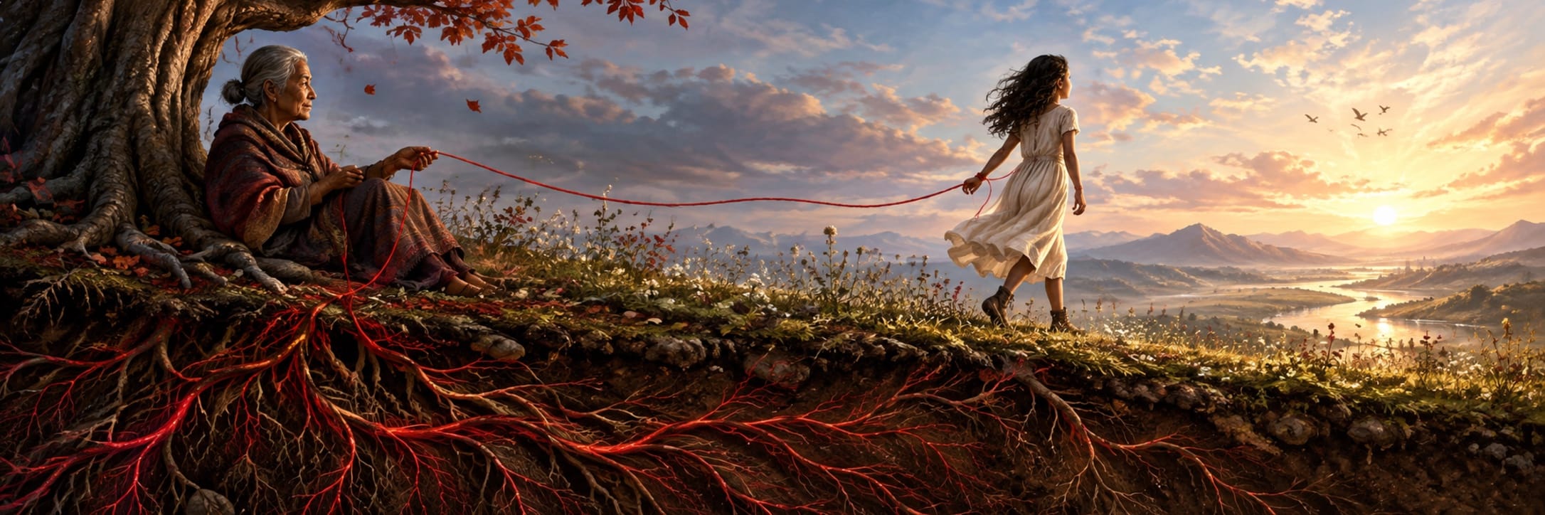 An elderly woman extends a red thread to a young woman walking toward sunrise, with tree roots and earth visible beneath them.